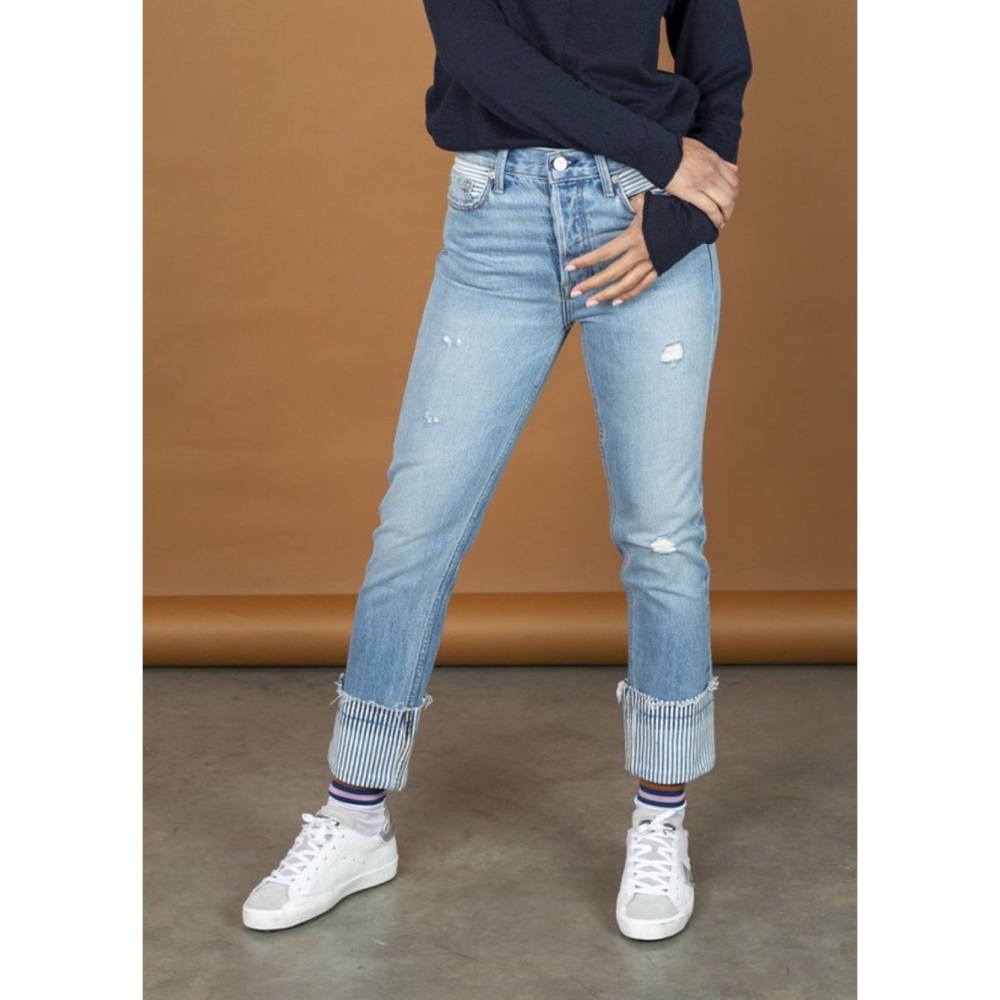 NOEND Premium Denim Slim Straight Striped Cuffed Jeans